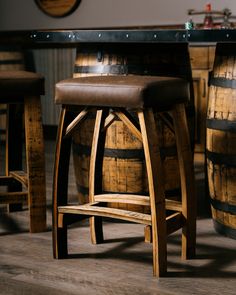 the stools are made from wood and have leather upholstered seat covers on them