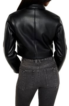 Amp the edge of any ensemble with this fitted, cropped moto jacket made from pebbled faux leather that looks like the real thing. 19 1/2" length (size Medium) Front zip closure Band collar Zip cuffs Front zip pockets Lined 100% polyester with polyurethane coating Hand wash, line dry Imported Black Owned/Founded Black Leather Cropped Jacket With Zipper, Cropped Leather Biker Jacket With Zipper, Biker Style Cropped Outerwear With Zipper, Cropped Biker Outerwear With Zipper Closure, Cropped Biker Leather Jacket For Work, Cropped Biker Leather Jacket, Black Cropped Biker Jacket For Work, Fitted Cropped Biker Leather Jacket, Biker Style Cropped Jacket With Zipper