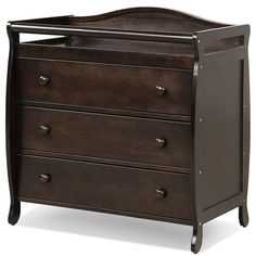 a baby crib with three drawers and two handles on the bottom, in dark brown wood