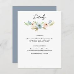 a wedding reception card with watercolor flowers and greenery on the front in blue