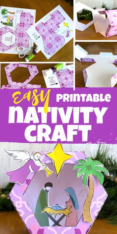 Steps to assembling craft with finished craft below and text "Easy printable nativity craft" Diy Christmas Nativity Scene, Diy Christmas Nativity, Christmas Nativity Scene Diy, Christmas Cardstock, Printable Nativity, Nativity Craft, Craft For Preschool, Cardstock Crafts