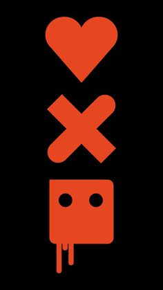 an orange and black poster with two faces in the shape of heart, x and cross