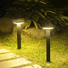 two lights that are sitting in the grass