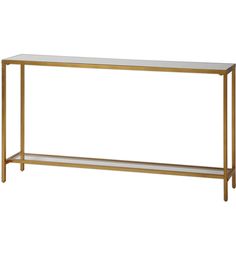 a gold metal and glass console table with shelves on the bottom, against a white background