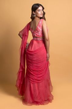 Light pink pre-draped ruffle saree. Paired with padded embroidered blouse in floral motifs and belt. - Aza Fashions Draped Ruffle Sets For Evening, Draped Ruffles Sets For Evening, Draped Ruffles Evening Set, Fitted Draped Sets With Ruffles, Fitted V-neck Pre-draped Saree, Ruffle Sarees, Ruffle Saree, Drape Saree, Set Women