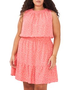 Vince Camuto-Abstract Ditsy-print Dress (Plus Size) - Styled in a pink, abstract-floral print, this pretty dress is softly tailored with a blouson bodice and flowy, gathered skirt finished with a deep flounce. The dress is rounded neckline and drop waist are stitched with stretch-smocking that make the style easy to slip on. Style it with gladiator sandals and our Woven Straw Visor. Click here for Clothing Size Guide. Sleeveless Spring Dresses With All Over Print, Spring Sleeveless Dress With All Over Print, Dresses Materials, White Women Dresses, Dress Peach, Ditsy Print, Sale Clothing, Plus Size Shopping, White Dresses