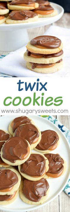 chocolate covered cookies on a white plate with the words twix cookies above them