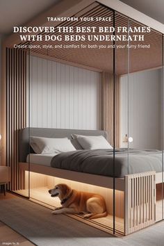 a dog laying on the floor under a bed with its headboard raised up to it's side