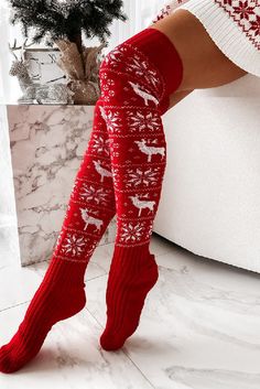 Over-the-knee socks with winter patterns are perfect as an accessory for colder days or as a gift for a loved one. They will add charm and a unique vibe to many looks. Choose from other styles in the Christmas collection to create the perfect Christmas look for you and your family.

* Flexible material
* Flat seams
* Size 36-40 Tricotin Long, Knitted Leg Warmers, Hippie Fashion, Knit Stockings, Winter Chic, Over The Knee Socks, Mini Robes, Legging Outfits, Thigh High Socks