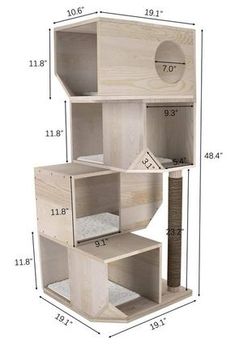 a cat tree is shown with measurements for the top and bottom shelves on each side