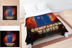 there is a bed with the words companion wanted on it and an image of a tardish