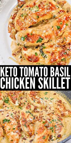 keto tomato basil chicken skillet in a pan with text overlay that says keto tomato basil chicken skillet