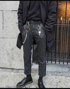 Goth Outfits Men, Summer Goth Outfits, Formal Aesthetic, Black And White Striped Pants, Jacket Belt, Dream Reality, Goth Guys, Striped Trousers, Summer Goth