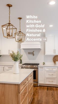 white kitchen with gold finishes and natural accents