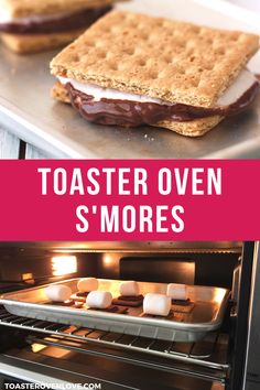 toaster oven smores with marshmallows and chocolate on them in the oven