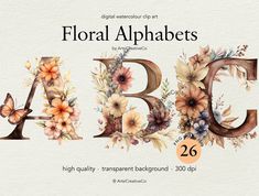 floral alphabets with flowers and butterflies are shown in this watercolor style font design