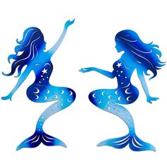 two blue mermaids with their arms in the air and one holding her hand out