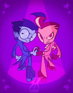 two cartoon characters standing next to each other in front of a star filled purple background