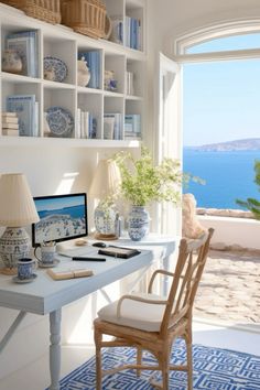 Greek Coastal Aesthetic, Greek Office Design, Greek Inspired Home Interior Design, Mediterranean Office, Greek Bedroom, Coastal Home Office, Modern Teen Boy Bedroom, Coastal Office, Greek Decor