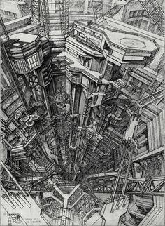 a drawing of an abstract structure with lots of lines and shapes in black and white