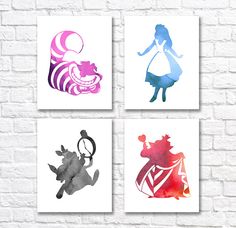 four disney princess silhouettes are displayed on a brick wall in three different colors and sizes