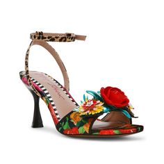 Betsey Johnson-Fergie Sandal Brighten up your summery look with the quirky Fergie sandal from Betsey Johnson. The mixed pattern design, floral touches, and a classic ankle strap silhouette make for a well-rounded and colorful highlight. Fitted Heels For Spring Vacation, Chic Sandals With Floral Print And Open Heel, Chic Floral Print Sandals With Open Heel, Spring Heels With Floral Print And Ankle Strap, Chic Spring Heels With Floral Print, Chic Floral Print Open Heel Sandals, Fitted Ankle Strap Sandals For Spring, Chic Floral Print Heels For Spring, Chic Spring Floral Print Heels