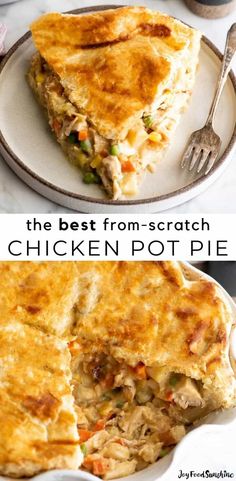 chicken pot pie on a plate with one slice cut out and the other half eaten