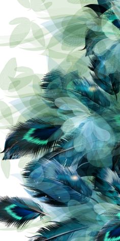 blue feathers with green leaves on white background