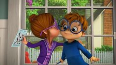 two cartoon characters kissing each other in front of a window with a house behind them