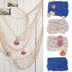 three different types of macrame with shells and seashells hanging on the wall