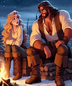 a man and woman sitting next to a campfire in the snow, one is looking at the fire