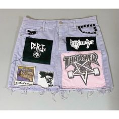 Pastel Purple Lavender ‘D.R.I’ ‘The Cramps’ ‘Riistetyt’ ‘Thrasher’ ‘Led Zeppelin’ ‘The Distillers’ ‘Broken Bones’ ‘The Beatles’ Punk Rock Band Patches Studded Denim Jean Mini Skirt Size 12 Waist: 16 In. - Length: 15 In. #Brokenbones #Thedistillers #Thecramps #Thebeatles #Ledzeppelin Grunge Mini Skirt For Streetwear, Rock Style Bottoms For Spring Streetwear, Punk Denim Skirt With Pockets For Streetwear, Edgy Cotton Mini Skirt For Streetwear, Grunge Cotton Mini Skirt, Purple Denim Bottoms For Streetwear, Edgy Cotton Denim Skirt For Streetwear, Punk Cotton Skirt For Streetwear, Punk Style Cotton Skirt For Streetwear