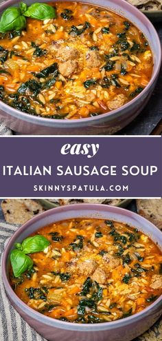 two bowls filled with italian sausage soup and spinach