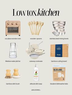 an image of kitchen items that are labeled in the english language and with words describing them