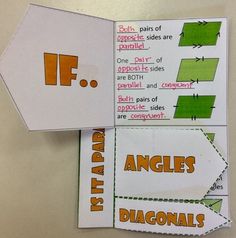 two fold up pieces of paper with the words angles and diagonals written on them