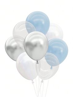 a bunch of balloons that are in the air with some blue and white ones on them