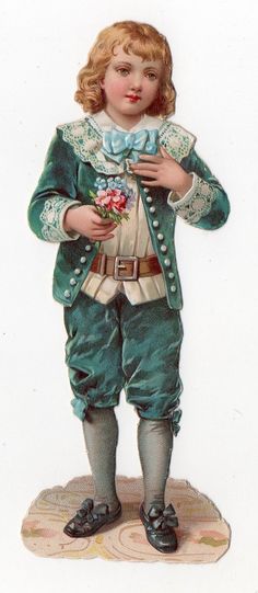 an old fashioned postcard with a little boy dressed in green and holding a flower