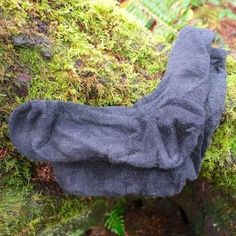 a pair of black socks sitting on top of a moss covered tree stump in the woods