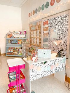 a desk with many items on it in a room filled with shelves and lights hanging from the ceiling