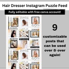 an ad for hairdresser instagramm puzzle feed, with the caption'9 customizable posts that can be used over 6g over again again