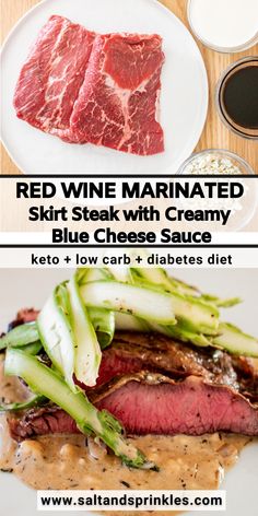 red wine marinated steak with creamy blue cheese sauce and keto low carb's diet