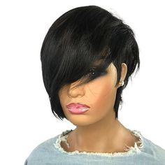 Category:Human Hair Capless Wigs; Gender:Women's; Wig Type:Party Wig,Natural Wigs; Occasion:Cosplay Costumes,Daily,Vacation,Party / Evening,Daily Wear; Age Group:Adults; Wig Length Range:8; Color Shade:Black; Density:130%,150%; Origin of Hair Donors:Brazilian Hair; Hair Material:Human Hair; Cap Construction:Capless; Texture:Straight; Length:Short; Features:Easy dressing,Women,Party,Soft,Fashion; Net Weight:0.18; Heat Resistant:Yes; Listing Date:12/29/2021; Cap Circumference:; Front to Back:; Nap Bob Pixie Cut, Women Pixie Cut, Hair Toupee, Hairpieces For Women, Short Human Hair Wigs, Human Wigs, Cosplay Hair, Pixie Hair, Pixie Cut Wig