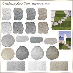 various types of stepping stones are shown in different colors and sizes, including grays, white