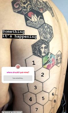 the back of a man's stomach with an image of hexagons on it