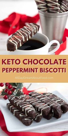 keto chocolate peppermint biscotti on a white plate with red ribbon