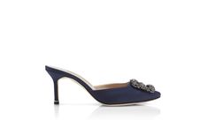 HANGISIMU | Navy Blue Satin Jewel Buckle Mules | Manolo Blahnik Manolo Blahnik Clogs & Mules, Luxury Blue Mules, Elegant Pointed Toe Mules For Cocktail, Elegant Cocktail Mules With Sculpted Heel, Elegant High Heel Mules For Gala, Formal Blue Mules With Padded Heel, Elegant Open Heel Mules For Evening, Elegant Open Heel Mules For Cocktail, Elegant Open Heel Mules For Cocktails