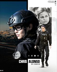 a woman in police uniform standing next to a poster