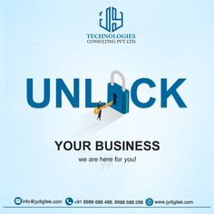 an advertisement for unlock your business with a person holding a key in the shape of a padlock