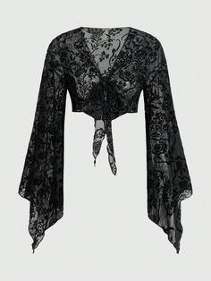 Preto Sensual Collar Manga Comprida Tecido de malha Floral  Embellished Elasticidade Baixa Sheer Crop Top, Top Crop, Crop Top Blouse, Printed Ties, Women Tops, Flared Sleeves, Cardigans For Women, Plus Clothing, Pretty Outfits