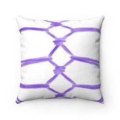 a white pillow with purple lines on the front and back, against a white background